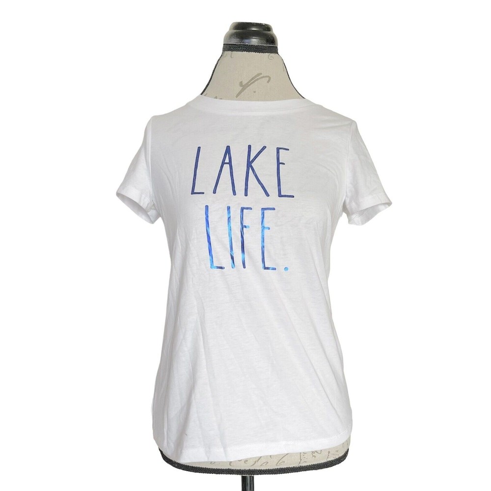 Rae Dunn Womens Artist T Shirt Short Sleeve Size XS White Lake Life Graphic NWT